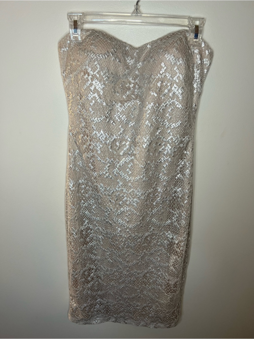 bebe Strapless Silver Shimmer Lace with Nude Underlay Midi Dress